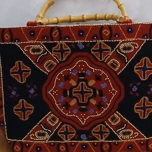 Elegant Red and Black Hand Beaded Patterned Women's Bag